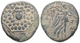 Greek Coins
PONTUS.Amisos.Circa 105-63 BC. Bronze.Aegis with Gorgon's head at center / AΜΙΣΟΥ, Nike advancing right, holding wreath and palm branch, b...