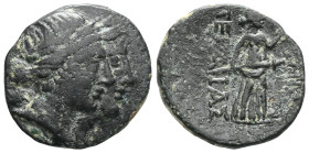 Greek Pamphylia, Perge AE (Bronze) 2nd -1st centuries BC. Obv: Jugate heads of Artemis and Apollo to right Rev: Artemis standing to right, holding a b...