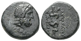 Greek
 MYSIA, Pergamon. Ca. 200-113 B.C. AE.
Laureate head of Asklepios (or Zeus) right.
Rev.serpent-entwined staff of Asklepios.