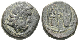 Greek
Kings of Galatia. Deiotaros 62-40 BC.
Bronze Æ
Laureate head of Zeus right / Monogram and Galatian shield.