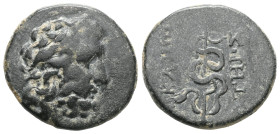 Greek
Mysia, Pergamon, Civic Issue (200-113 BC) AE (Bronze) 
Obv: Laureate head of Aesclepios (or Zeus) right
Rev: ΑΣ - ΚΛΗΠΙΟΥ / ΣΩΤΗΡΟΣ, legend vert...