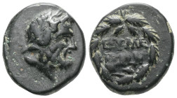 Phrygia, Eumeneia Circa 100-133 BC.
Laureate head of Zeus to right / two lines within oak wreath. Bronze AE , Very Fine.