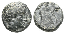 Greek
Aeolis, Aigai, AE,(Bronze), Circa 4th-3rd Centuries BC. 
Obv: Laureate head of Apollo right.
Rev: AIΓΑΙ, Head of goat right.