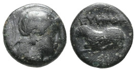 Greek Coins. Ionia, Clazomenae.
Bronze 4th century BC, Æ . Head of Athena l., wearing crested Attic helmet. Rev. Α[...]ΝΑΙΟ Ram crouching l. BMC 55 va...