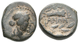 Greek
LYDIA. Sardes. Circa 133 BC-AD 14. (Bronze). Laureate head of Apollo to right. Rev. ΣAPΔI-ANΩN Club; all within oak wreath; above, AY monogram....