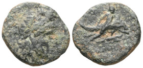 GreekCARIA. Iasos. Circa 250-190 BC. Dichalkon (?) (Bronze), Eomedes, magistrate. Laureate head of Artemis to right. Rev. IAΣEΩN / EOMHΔΗΣ Hermias swi...