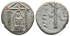 Greek
Pamphylia. Perge. (50-30 BC) Æ Bronze. Obv: temple of Artemis. Rev: bow and quiver.