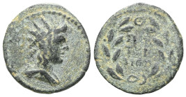 PHRYGIA. Peltae. Pseudo-autonomous. Time of the Antonines (138-192). Ae.
Obv: Radiate and draped bust of Helios right.
Rev: ΠΕΛ / TH / NΩΝ.
Legend in ...