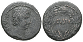 Augustus Æ of uncertain mint, Asia Minor. Circa 25 BC. [C]AESAR, bare head to right / AVGVSTVS within laurel wreath.