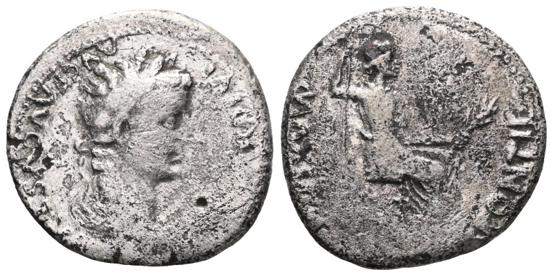 Tiberius (14-37). AR Denarius . Lugdunum, 15-18. Laureate head r. R/ Livia (as P...