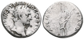Trajan (98-117). AR Denarius . Rome, c. 110. Laureate bust r., slight drapery. R/ Roma standing l., holding Victory and spear.