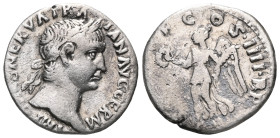 Trajan (98-117). AR Denarius. Rome, 101/2. Laureate bust r., slight drapery on far shoulder. R/ Victory advancing l., holding wreath and palm. RIC II ...
