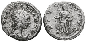 Julia Maesa AR Denarius. Rome, AD 218-222. IVLIA MAESA AVG, draped bust right / PIETAS AVG, Pietas standing left, raising hands, lighted altar at feet...