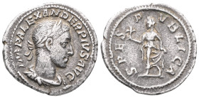 Severus Alexander (AD 222-235). AR denarius .  Rome, AD 231-235. IMP ALEXAN-DER PIVS AVG, laureate, draped and cuirassed bust of Alexander right / SPE...