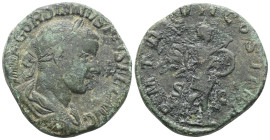 Gordianus III.-238-244
Augustus. Sestertius , Rome 244. Obv.: IMP GORDIANVS PIVS FEL AVG, laurel-clad, draped and armored bust right. Rv.: PM TRP VII ...