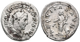 Philippus Arabs AD 244-249. Rome
Denar AR
IMP M IVL PHILIPPVS AVG, radiate, draped and cuirassed bust right / AEQVITAS AVGG, Aequitas standing left ho...