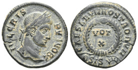 CRISPUS (316-326). Follis. Siscia.
Obv: IVL CRISPVS NOB C.
Laureate head right.
Rev: CAESARVM NOSTRORVM / VOT / X / B SIS - Sun.
Wreath, VOT / X withi...