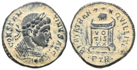 Roman Imperial
Constantine I (307-337) AE (Bronze) Treveri (Trier), 322.
Obv: CONSTANTINVS AVG: Helmeted and cuirassed bust right
Rev: BEATA TRANQUILL...