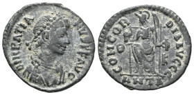 Roman Imperial
Gratian, 367-383. Ae (bronze), Antioch. D N GRATIANVS P F AVG Rosette-diademed, draped and cuirassed bust of Gratian right. Rev. VIRTVS...