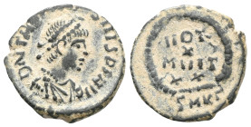 Constntius II (337-351 AD) FollisObverse: DN CONSTANTIVS PF AVGDiademed head right.Reverse: VOT / XX / MVLT / XXXLaurel wreath.Bronze.
