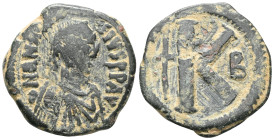 Byzantine
Anastasius I. (491-518 AD). 1/2 Follis. Constantinople. Obv: D N ANASTAIUS P P AVG. diademed bust of Anastasius right. Rev: K .