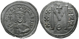 Byzantine Theophilus, 829-842. Follis (Bronze), Constantinopolis. ✱ΘЄOFIL bASIL' Half-length figure of Theophilus standing facing, wearing crown surmo...