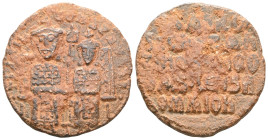Byzantine coins
Léon VI et Alexandre, follis, Constantinople, 886-912
A/+ LEON - S ALEXANGROS
Léon et Alexandre assis de face sur un double trône, ten...