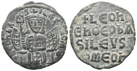 Byzantine
LEO VI the WISE (886-912) AE Follis (Bronze) Constantinople. 
Obv: + LEON bASILEVS ROM'✷, Leo enthroned facing, wearing crown, holding labar...