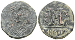 Phocas, with Leontia. 602-610. Æ Half Follis . Theoupolis (Antioch) mint. Dated RY 1 (602/3). Phocas, holding globus cruciger, and Leontia, holding cr...