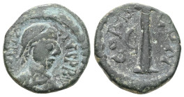 Byzantine
Justinian I, 527-565. Decanummium (Bronze). Diademed, draped and cuirassed bust of Justinian I to right. Rev. Large I, A/N/N/O to left, X/II...
