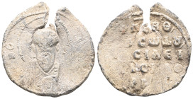 Byzantine Lead Seal: Basileos Spatiharios (11th century)
Obverse: Bust of the saint. Haloed. Environmental text cannot be read. The saint wears loros...