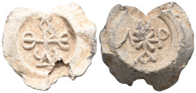 Byzantine Lead Seal: Theodore (7th century)
Obverse: Crusader monogram. The name "Theodoros" is at the end of the cross arms.

Reverse: Block monog...