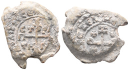 Byzantine Lead Seal: Strategos Patrikios (8th-9th century)
Obverse: Crusader monogram. Environmental text stating prayer. "STRATEGOS" inscription bet...