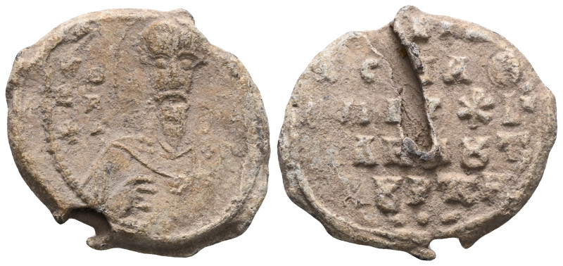 Byzantine Lead Seal: Stapianos (11th century)
Obverse: Bust of the saint. Haloe...