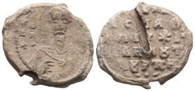 Byzantine Lead Seal: Stapianos (11th century)
Obverse: Bust of the saint. Haloed. He wears division and chlamys. She holds a Bible adorned with pearl...