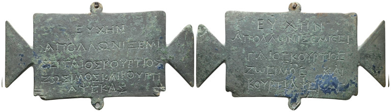 ANCIENT ROMAN BRONZE TABULA ANSATA , The Greek inscription dedicated to Apollo b...