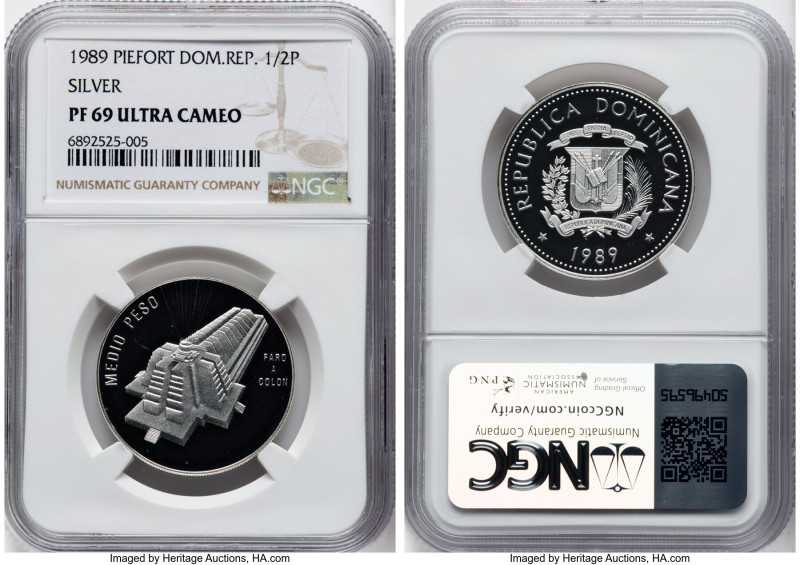 Republic 5-Piece Certified silver Piefort Proof Set 1989 NGC, 1) 1/2 Peso PR69 U...