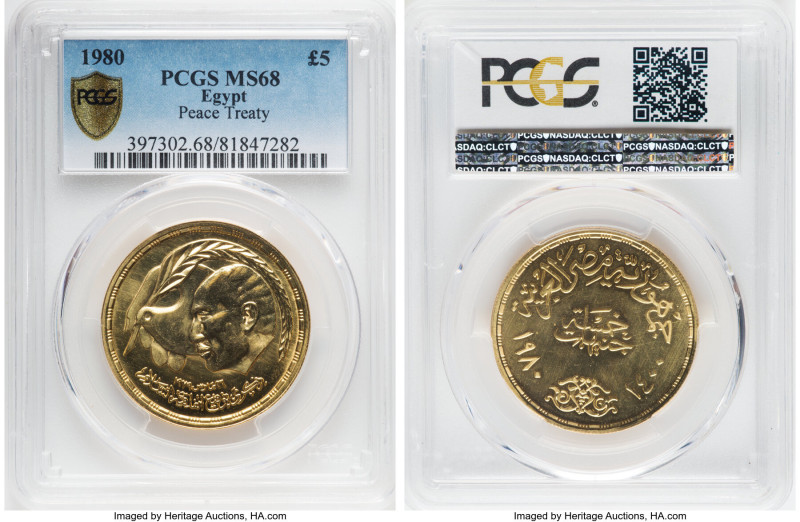 Arab Republic gold "Peace Treaty" 5 Pounds AH 1400 / 1980 MS68 PCGS, KM517. Egyp...