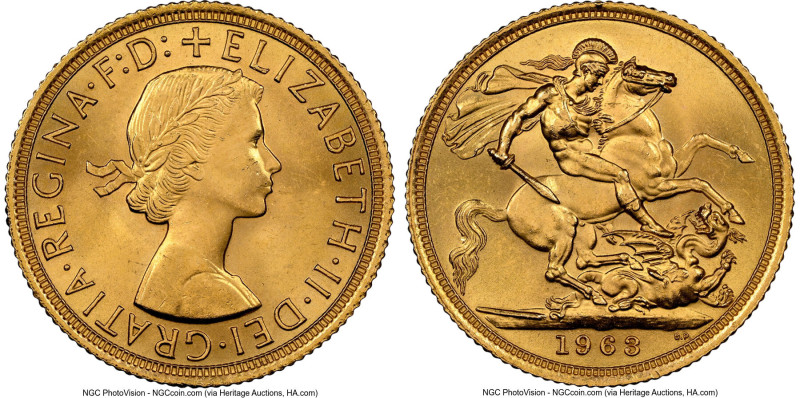 Elizabeth II gold Sovereign 1963 MS65 NGC, KM908, S-4125. A top-tier specimen wi...