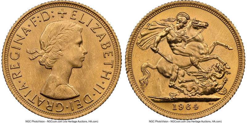 Elizabeth II gold Sovereign 1964 MS64 NGC, KM908, S-4125. A commendable, near-Ge...