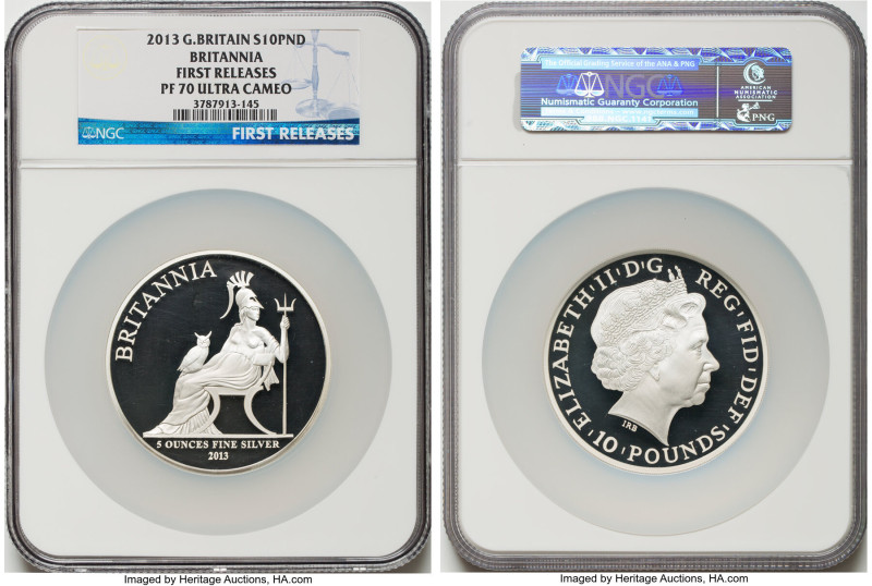 Elizabeth II silver Proof "Britannia" 10 Pounds (5 oz) 2013 PR70 Ultra Cameo NGC...