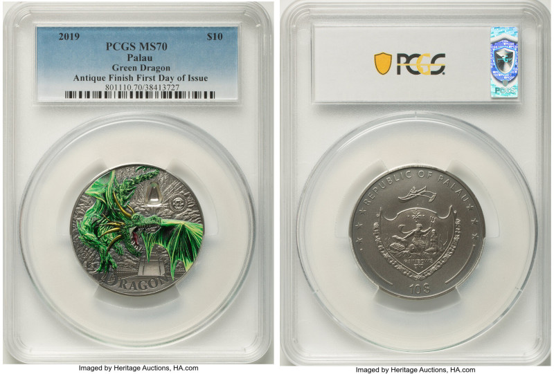 Republic silver Antiqued "Green Dragon" 10 Dollars 2019 MS70 PCGS, KM-Unl. First...