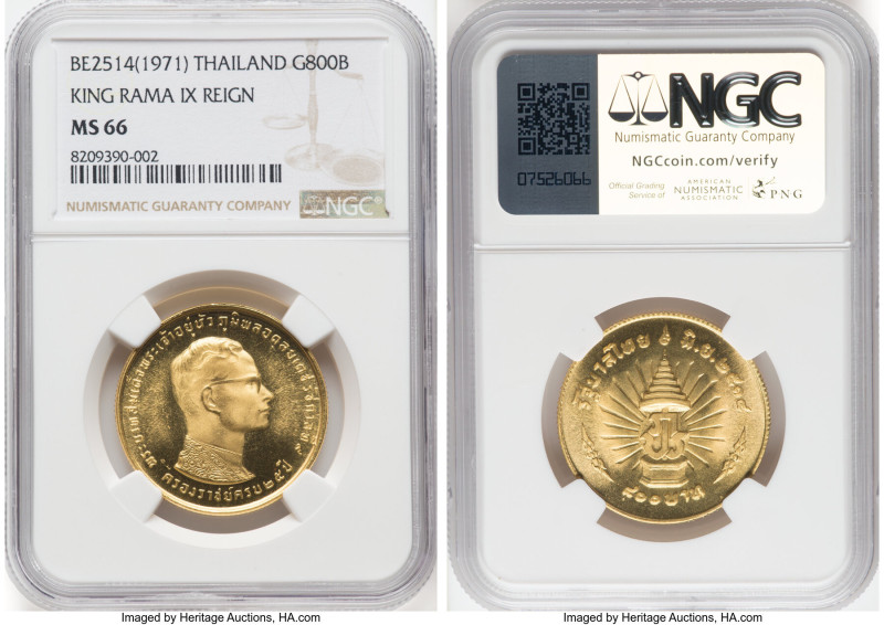 Rama IX gold "King Rama IX Reign" 800 Baht BE 2514 (1971) MS66 NGC, KM-Y94. From...