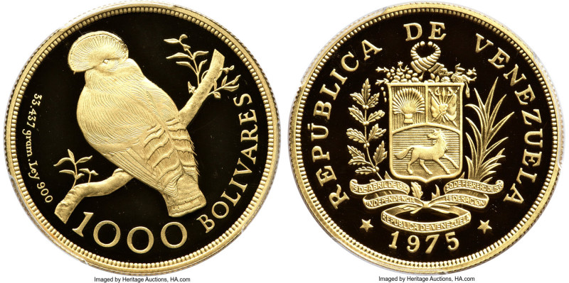 Republic gold Proof "Cock of the Rocks" 1000 Bolivares 1975 PR69 Deep Cameo PCGS...