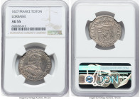 Lorraine. Charles IV Teston 1627 AU55 NGC, Nancy mint, KM45 (under German States). Donning a rather crisp portrait and shield, the quality here is unm...