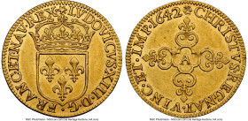 Louis XIII gold Ecu d'Or 1642-A MS61 NGC, Paris mint, KM41.1, Fr-398. 3.35gm. Draped in lemon-gold, this perfectly centered emission is without flaw, ...