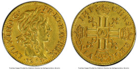 Louis XIII gold 1/2 Louis d'Or 1641-A AU Details (Ex. Jewelry) PCGS, Paris mint, KM125, Fr-411, Gad-57. Mèche longue type. A scarce issue graced by a ...