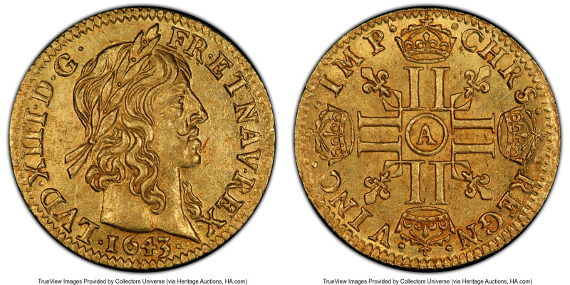 Louis XIII gold 1/2 Louis d'Or 1643-A MS63 PCGS, Paris mint, KM125, Fr-410, Gad-...