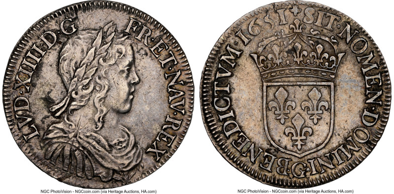 Louis XIV 1/2 Ecu 1651-G AU53 NGC, Poitiers mint, KM164.8, Gad-169. HID098012420...