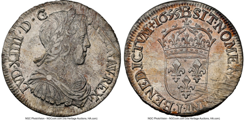 Louis XIV 1/2 Ecu 1655-L MS62 NGC, Bayonne mint, KM164.12, Gad-169. Scattered wi...